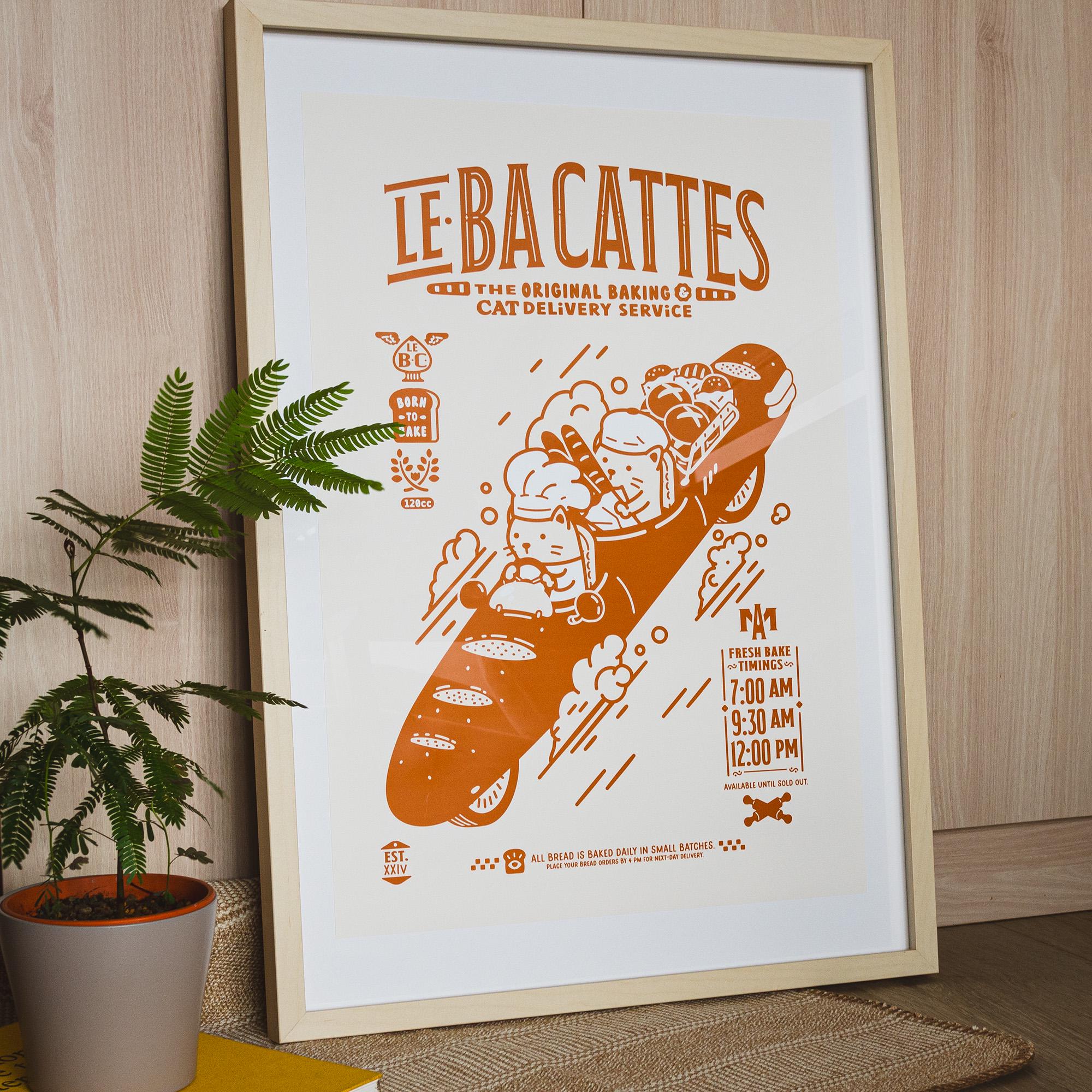Le Ba Cattes A2 Poster: Quirky Cat Bakery Art Print